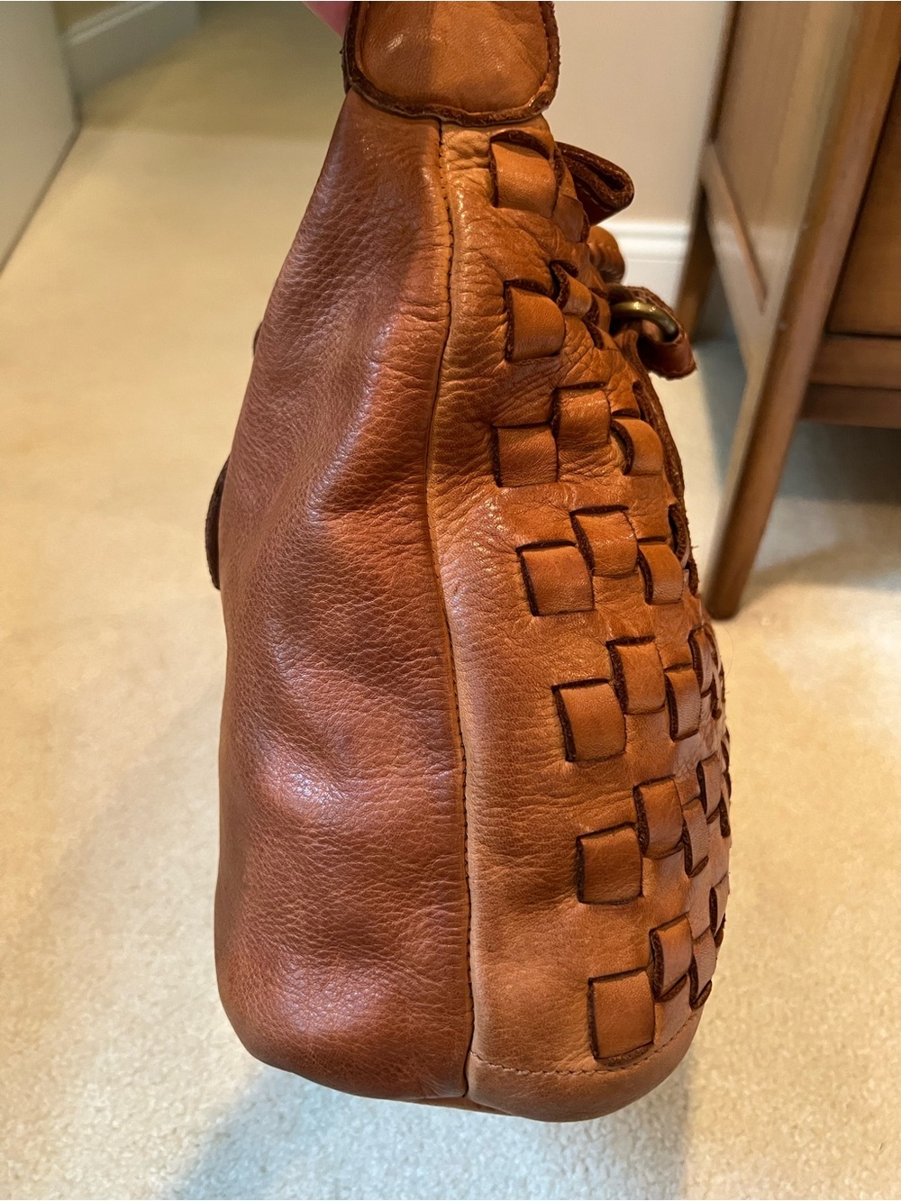 Sundance Catalog Cognac Brown Woven Leather Basketweave Satchel Bag - Picture 3 of 14